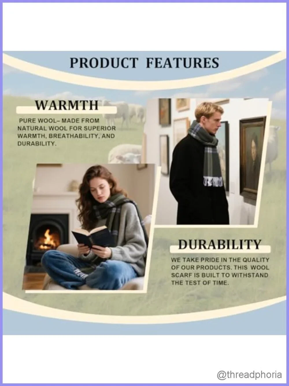 100% Wool Plaid Scarf for Men Women Tartan Wrap Shawl
